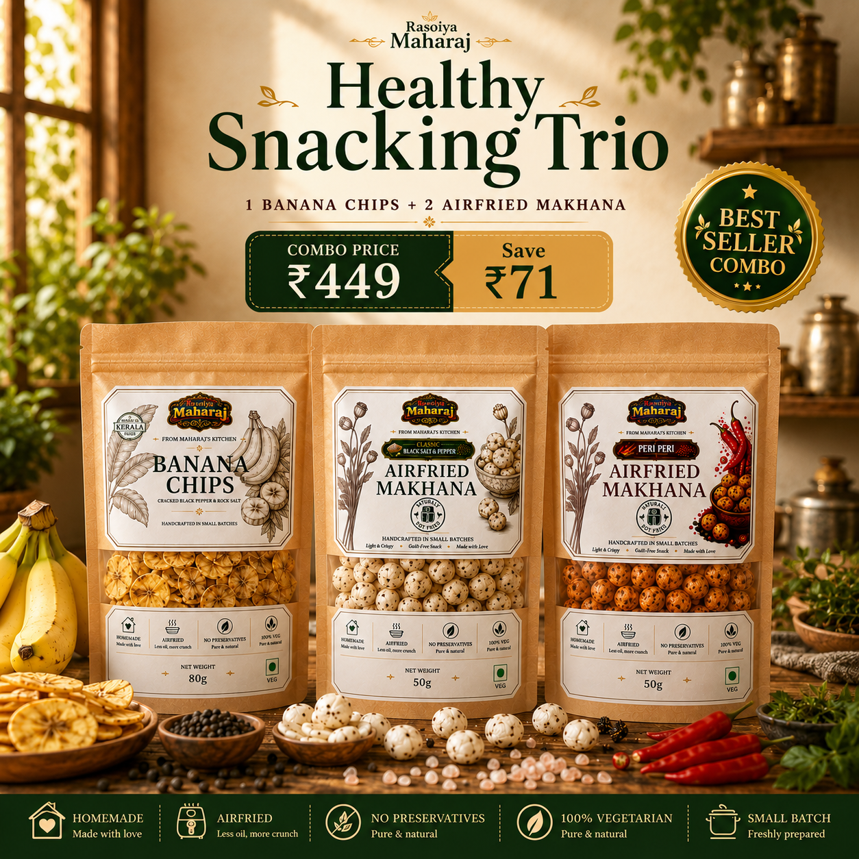 Snacking Trio Combo | Banana Chips + 2 Airfried Makhana