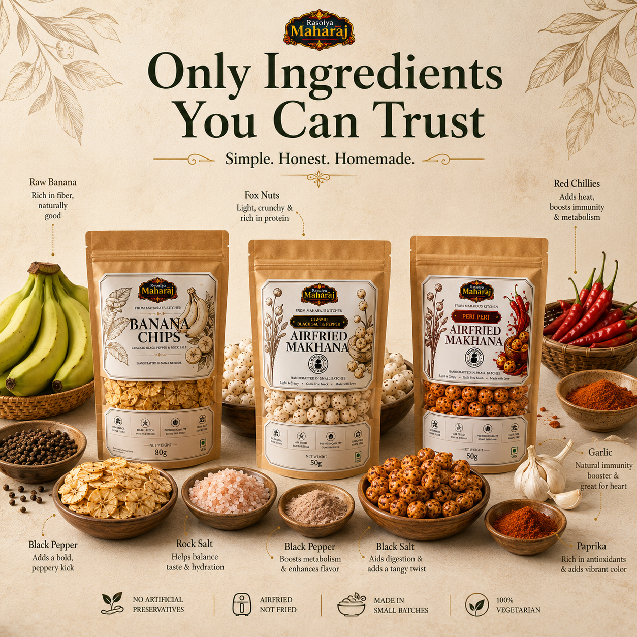 Snacking Trio Combo | Banana Chips + 2 Airfried Makhana