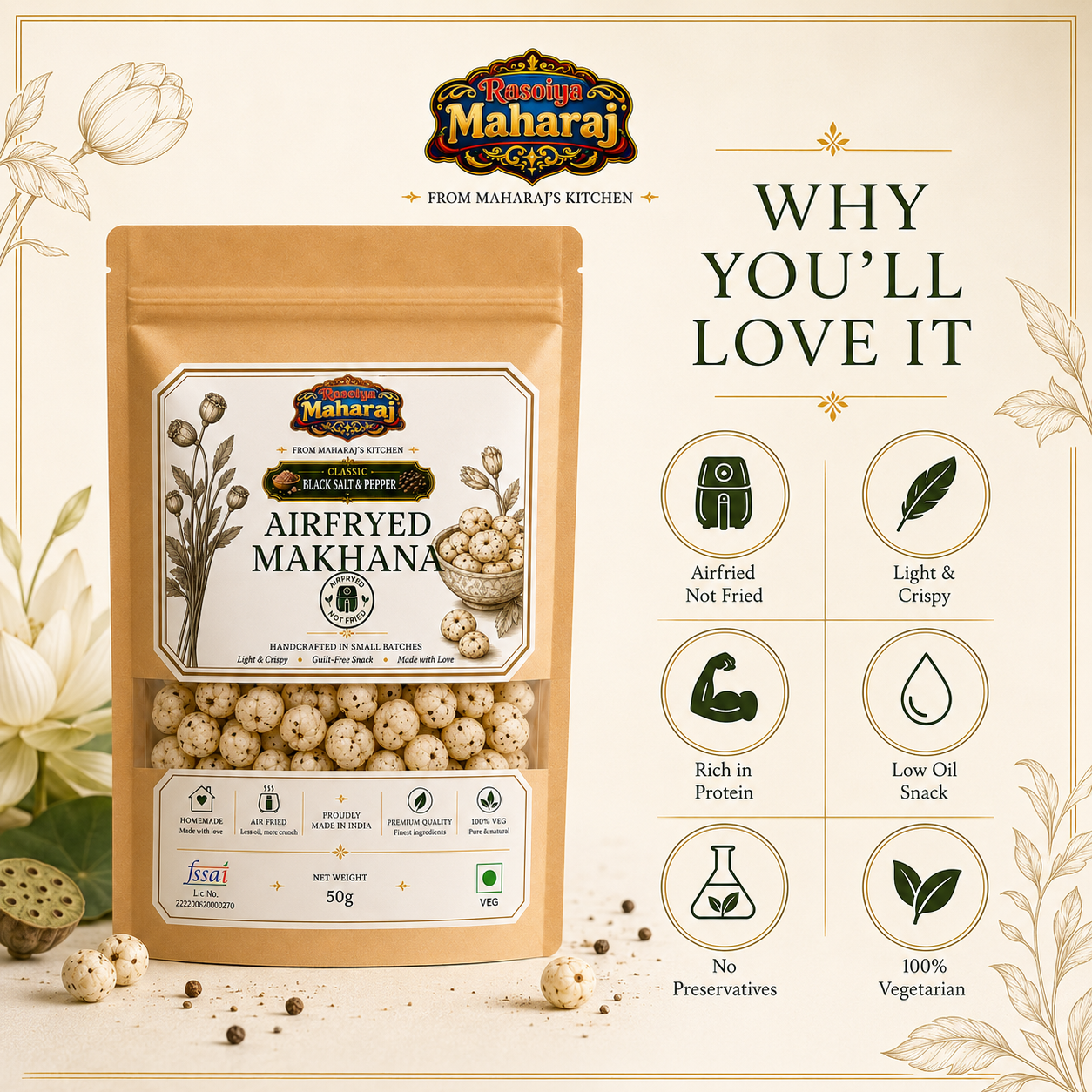 Air Fried Makhana – Black Salt & Pepper | Healthy Fox Nuts Snack