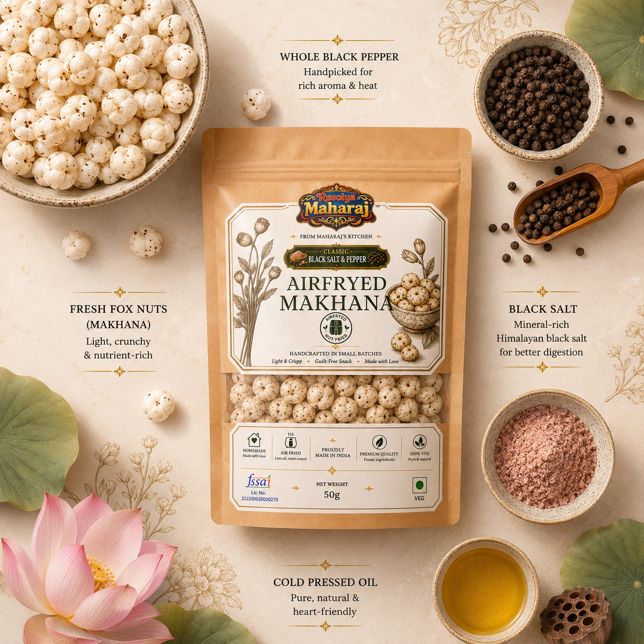 Air Fried Makhana – Black Salt & Pepper | Healthy Fox Nuts Snack