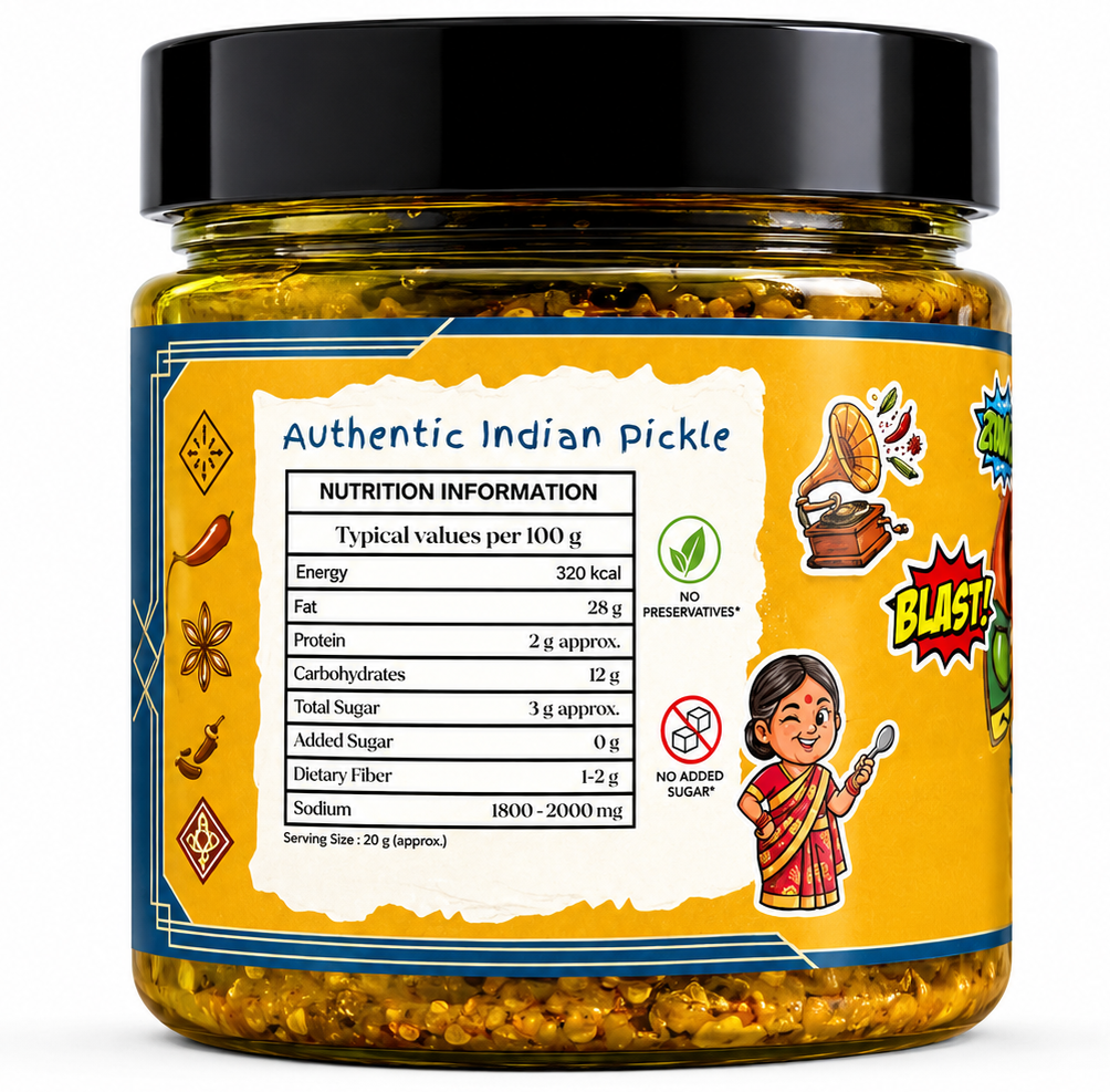 Jar of authentic Indian pickle with nutrition label on a white background
