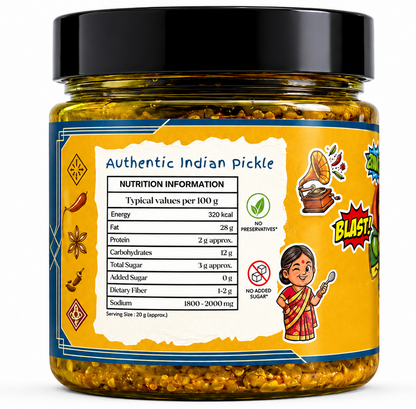 Jar of authentic Indian pickle with nutrition label on a white background